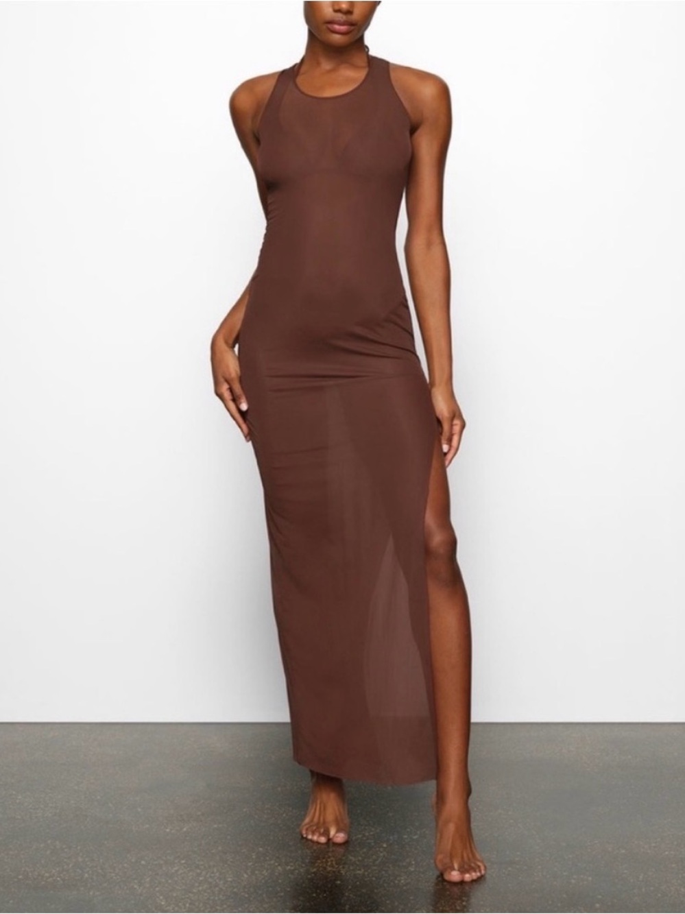 SKIMS Sheer Maxi Slip Dress in Brown